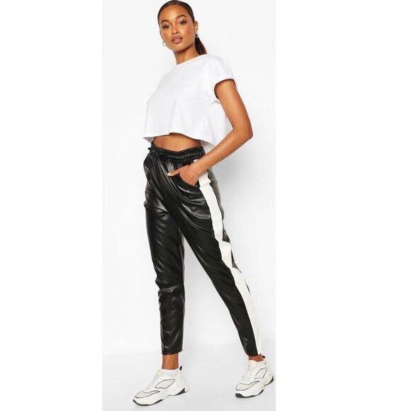 Boohoo Faux Leather Sports Stripe Panel Pants size 8 - Picture 1 of 8